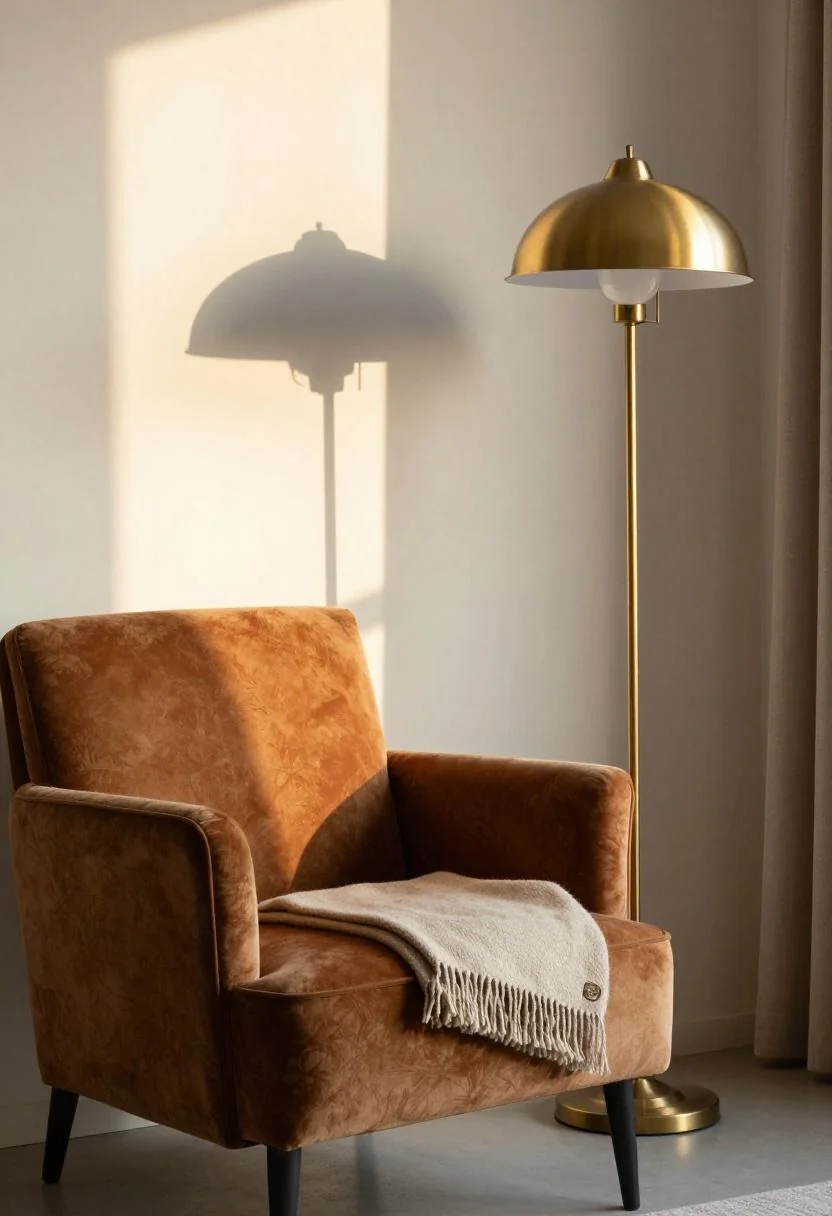 Persimmon velvet armchair bathed in golden hour light beside a brass standing lamp