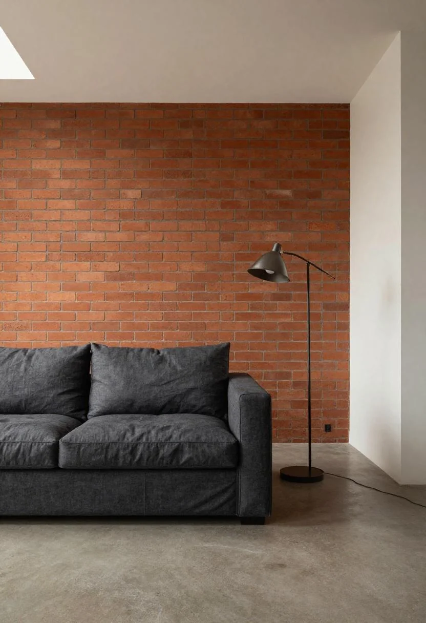 Charcoal linen sofa against a warm terracotta brick wall with an iron floor lamp