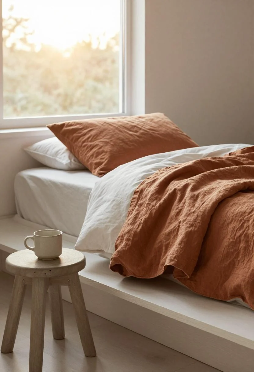 Terracotta linen duvet on a white oak platform bed with a ceramic mug in morning light
