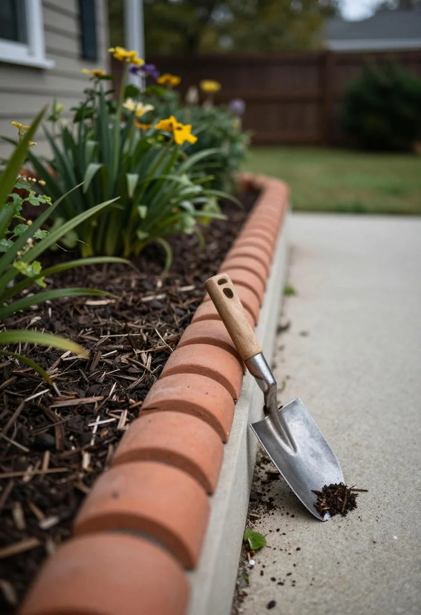 Cream gravel mulch meeting a clean-cut soil edge at a flower bed corner from above