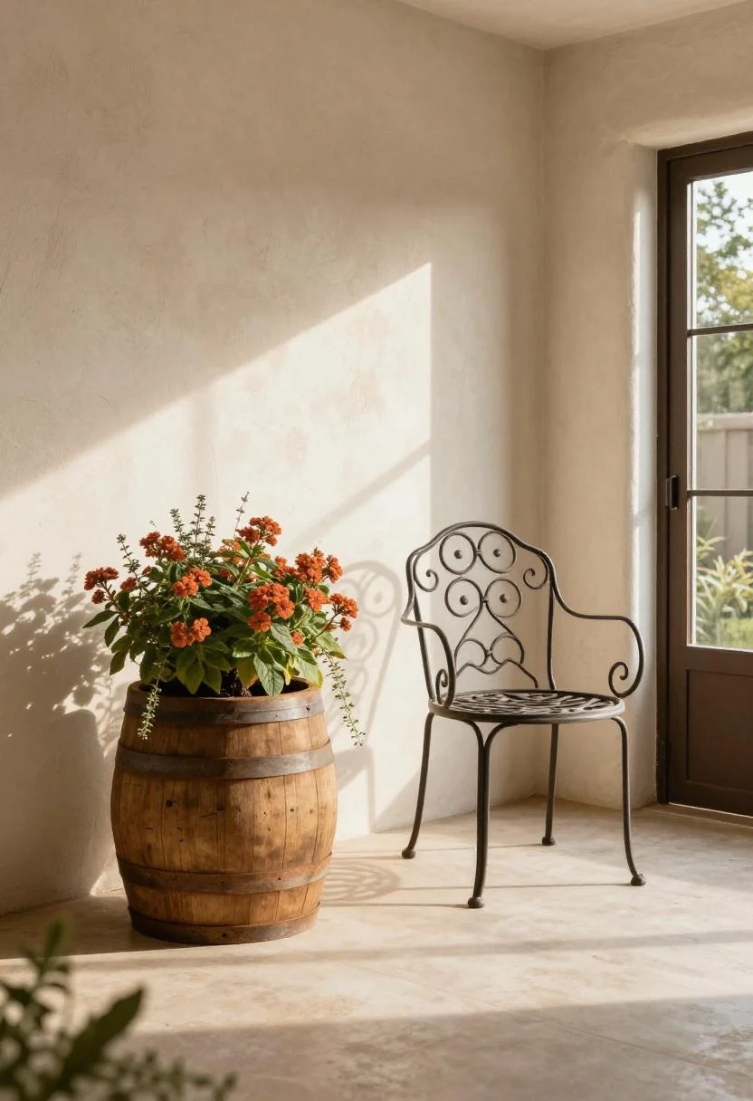 Warm terracotta lantana and thyme overflowing a rough-hewn oak half barrel on an adobe-style patio