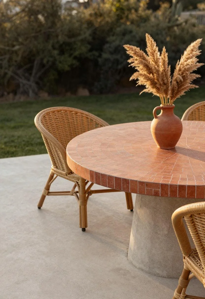 Terracotta mosaic table with rattan chairs and pampas grass on a Mediterranean concrete deck