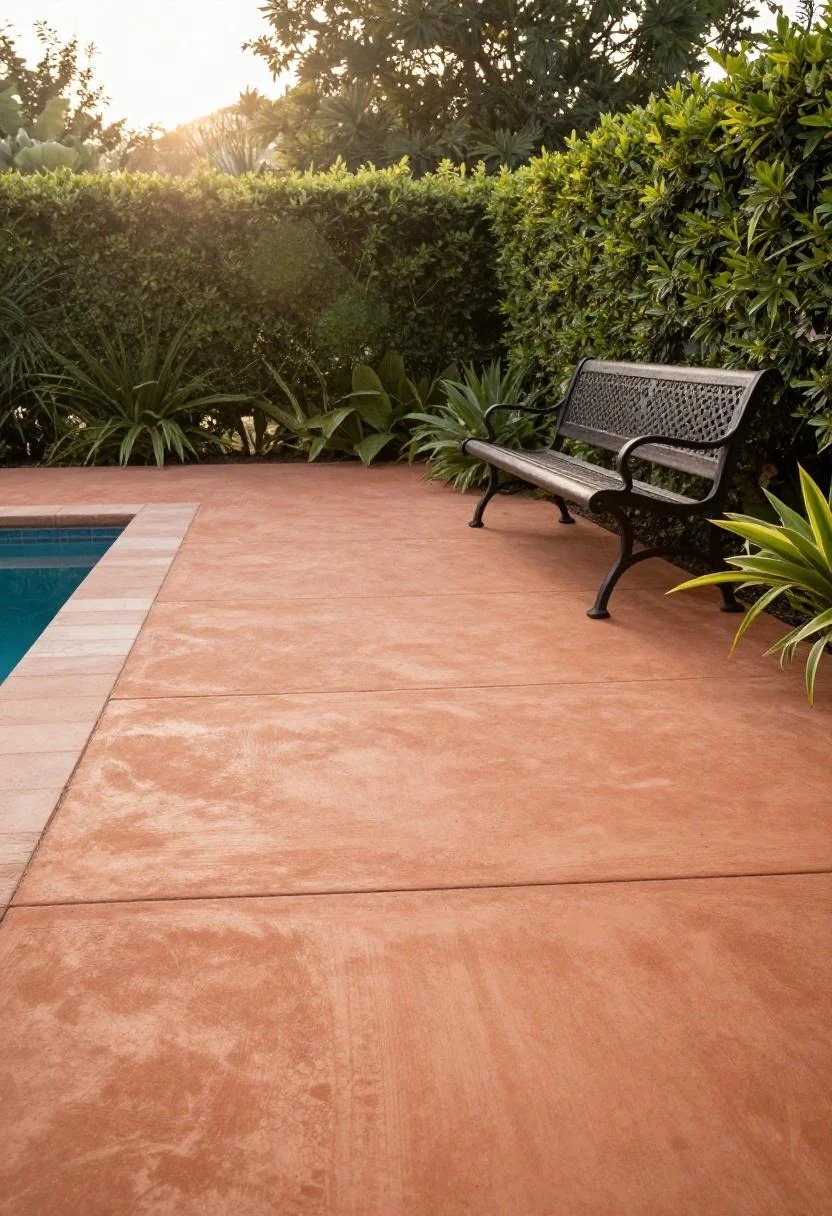 Stamped terracotta concrete pool deck with iron bench beside a hedge in morning sun