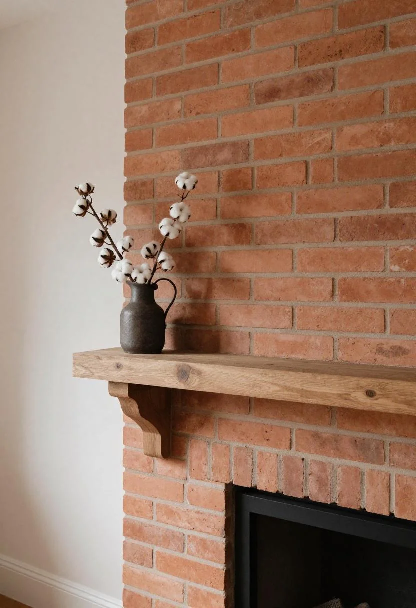Warm terracotta brick fireplace with an ironstone pitcher sitting on an elm wood mantle