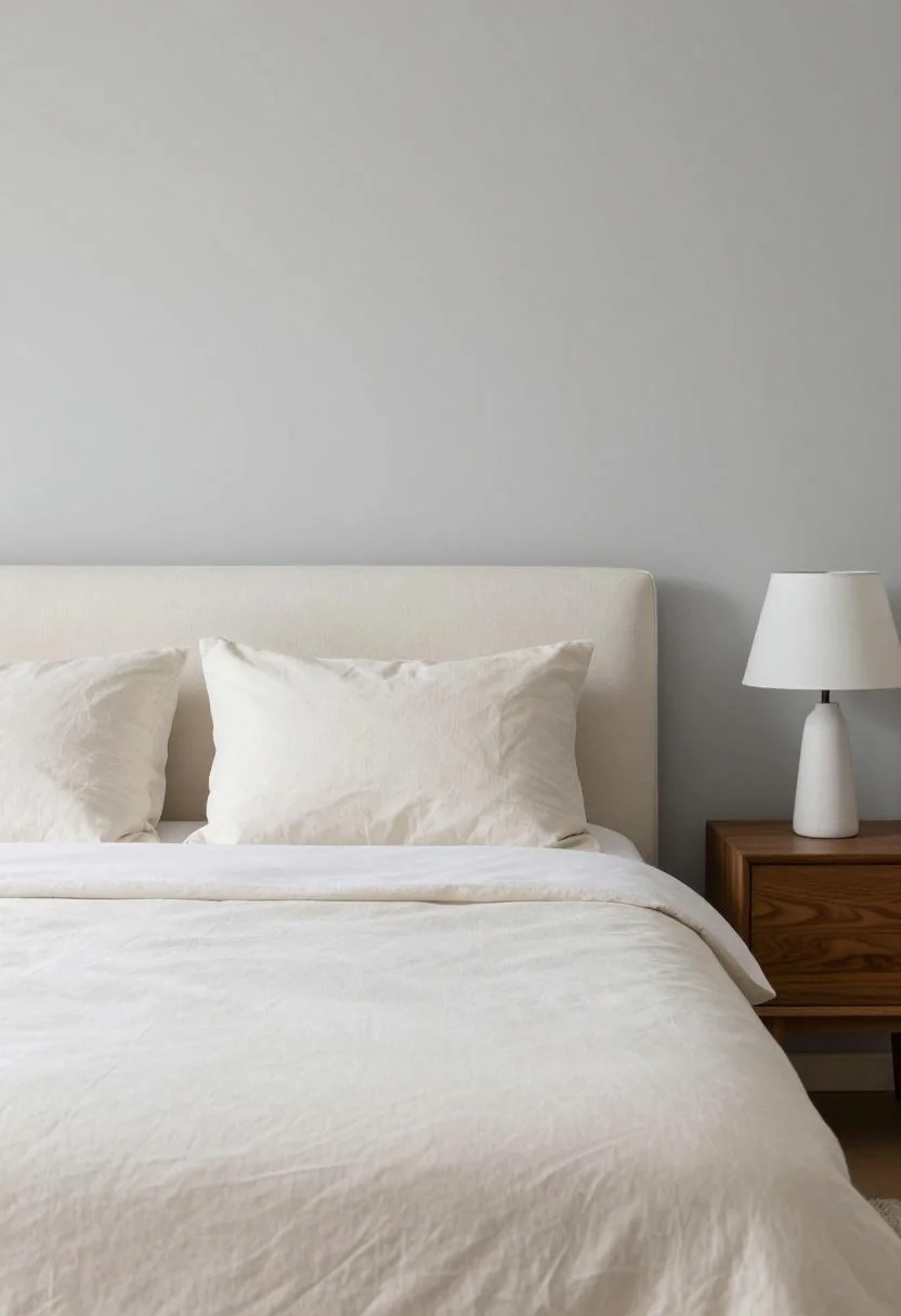 Cream boucle upholstered bed with a walnut nightstand in soft overcast daylight