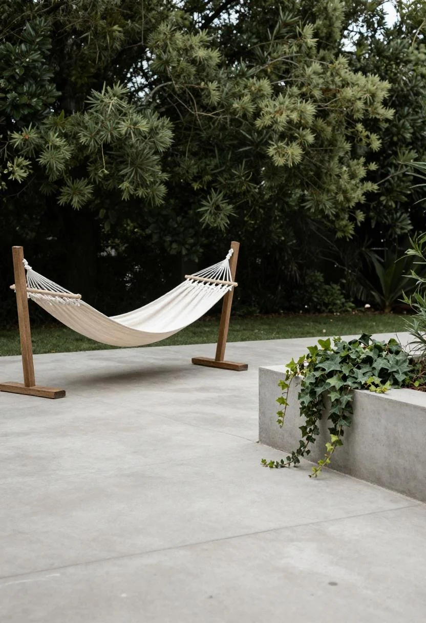 Cream linen hammock between timber posts with ivy planter on a polished concrete patio