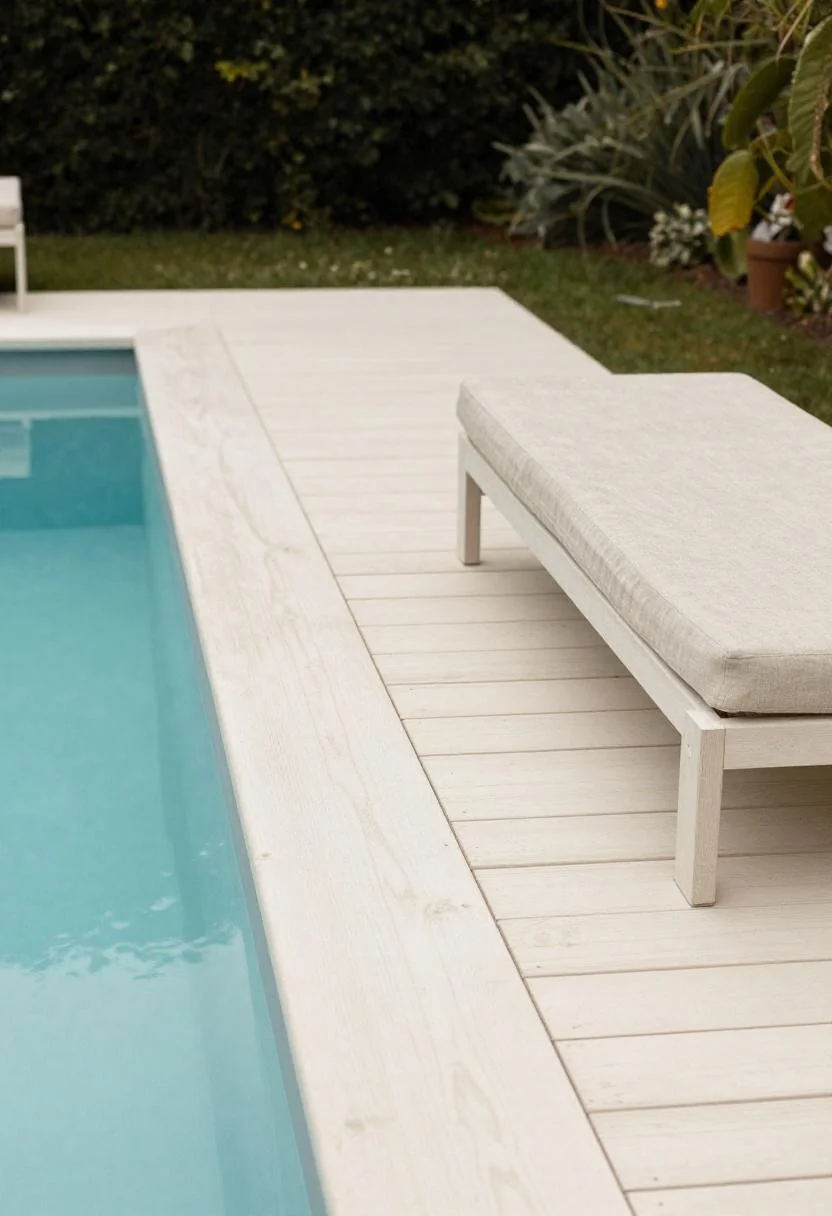 Cream painted pine slat deck with linen daybed beside open pool pathway in overcast light