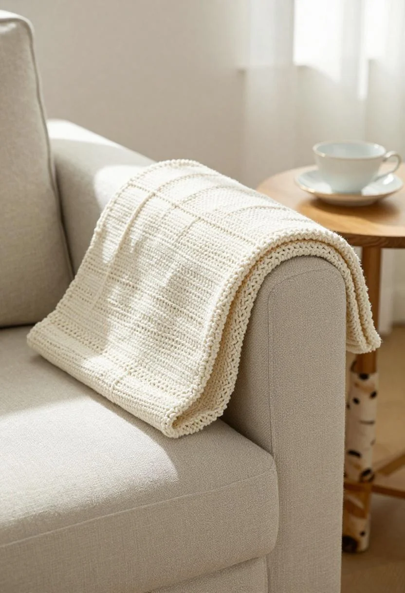 Cream white crochet throw draped over a linen loveseat with a delicate porcelain teacup on the side