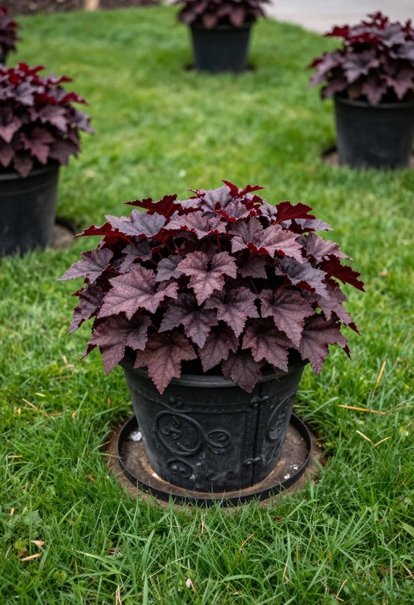 Cast-iron ring planter with plum heuchera hiding a septic tank lid