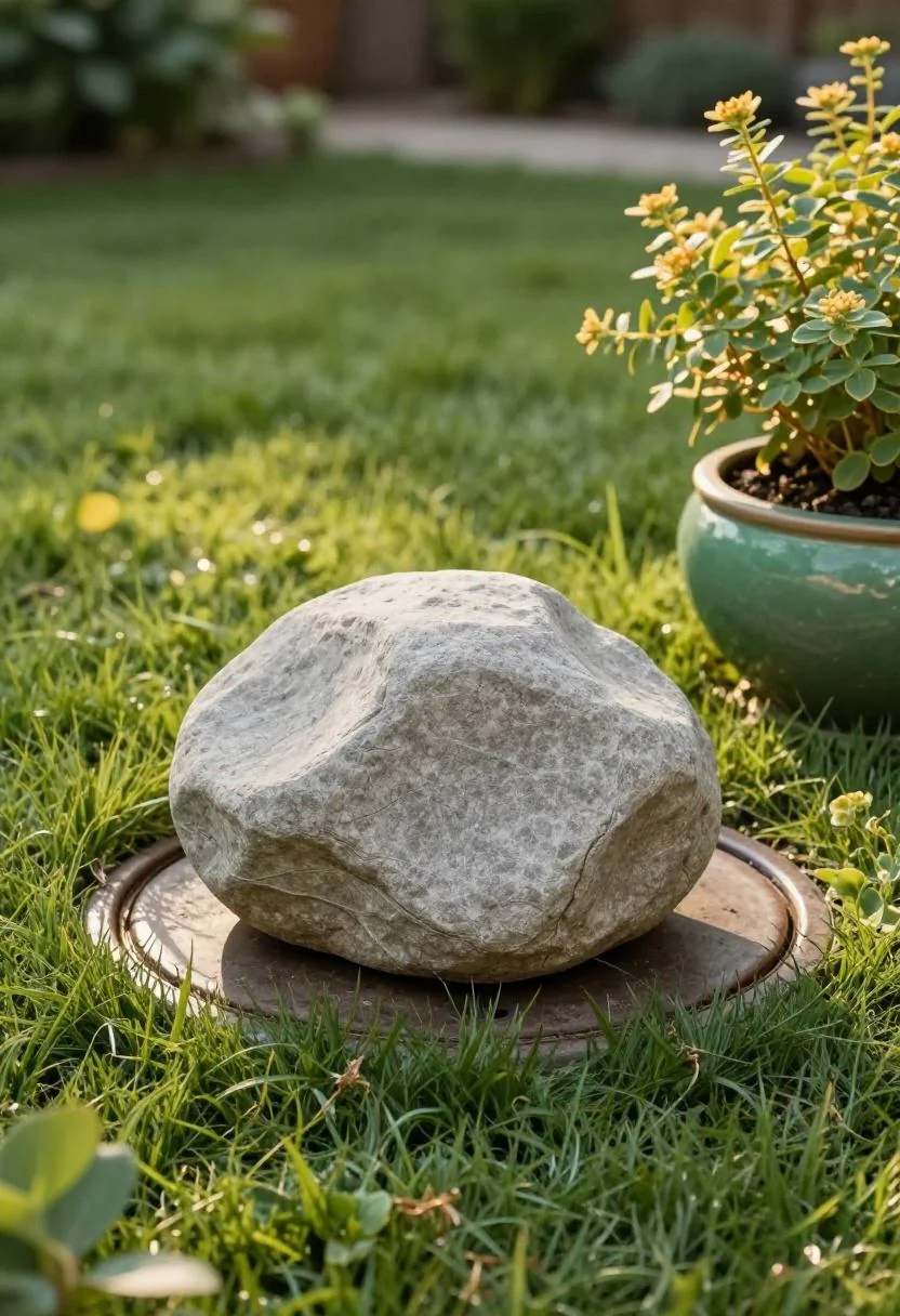 Faux fiberglass boulder with jade sedum bowl camouflaging a septic tank lid