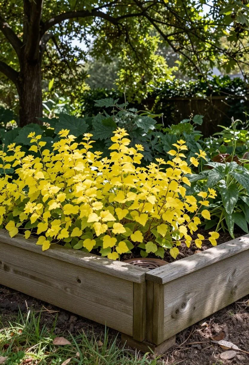 Wasabi-toned creeping Jenny spilling over a wooden garden border concealing a septic lid