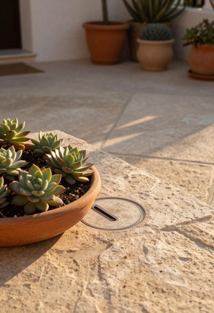 Sandstone paver and terracotta succulent dish creating a Mediterranean disguise for a septic lid