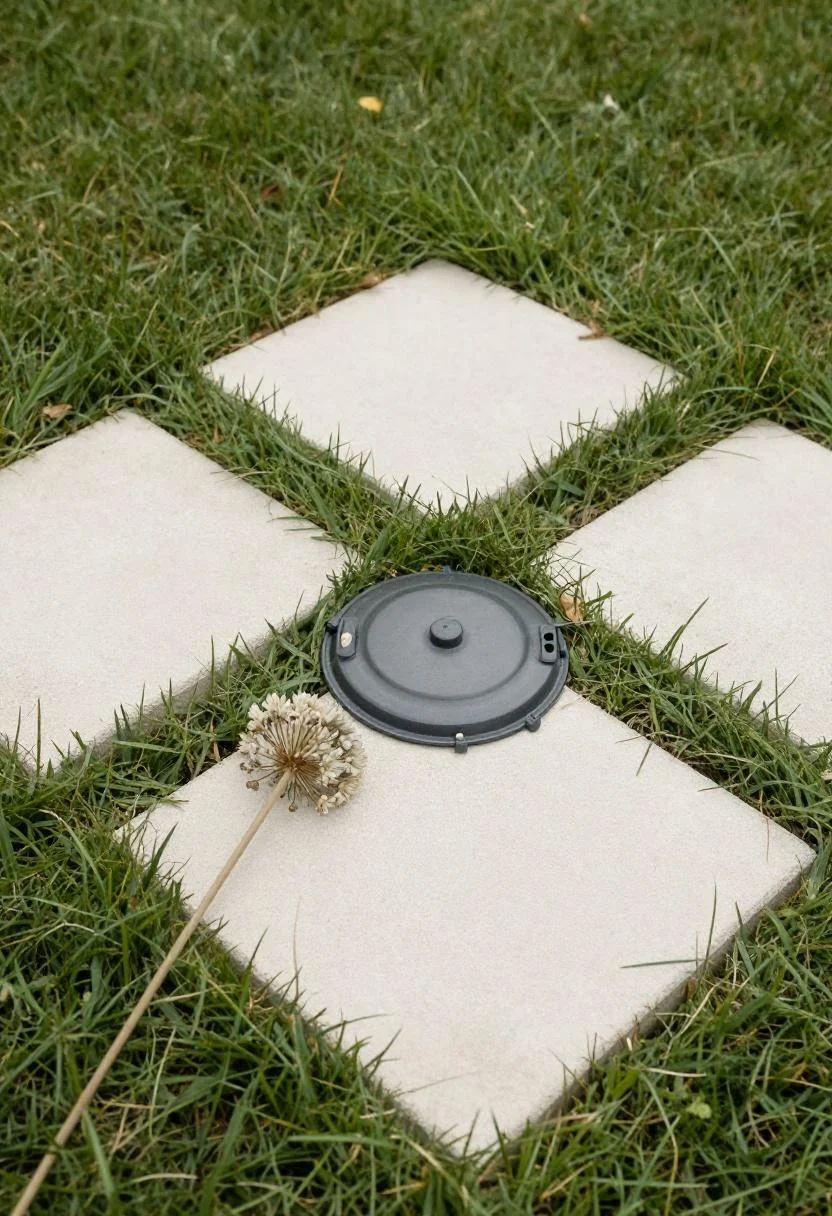 Cream concrete pavers laid flush in grass forming a seamless cover for an underground septic lid