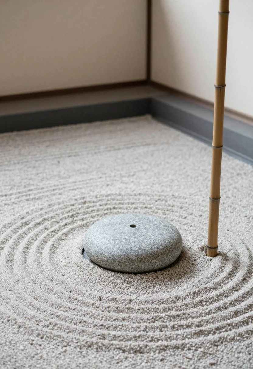 Granite disc in raked gravel bringing zen-garden calm while hiding a septic tank lid