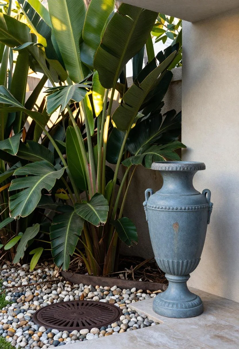 Cool blue resin urn and river pebble mulch creating a tropical screen over a septic lid