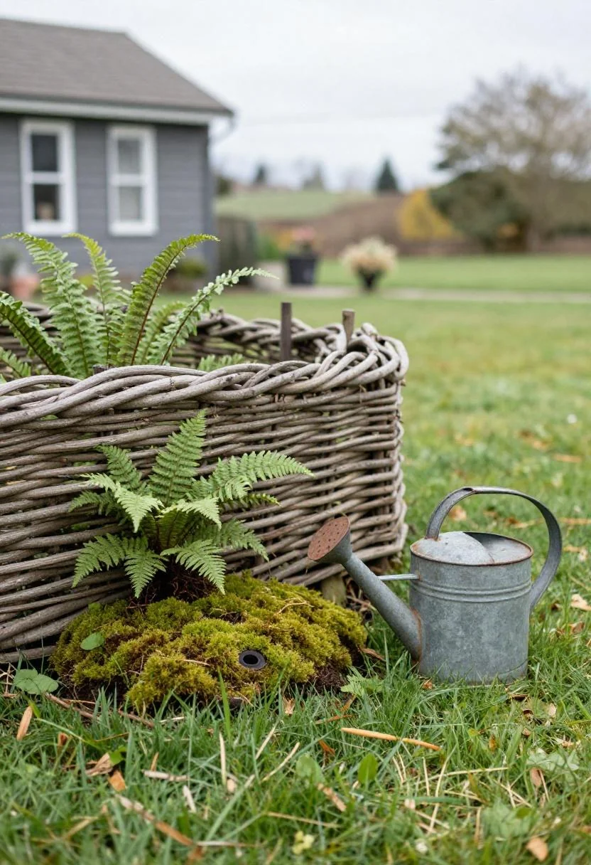 Wattle fence ring with moss and ferns transforming a septic lid area into a cottage garden feature