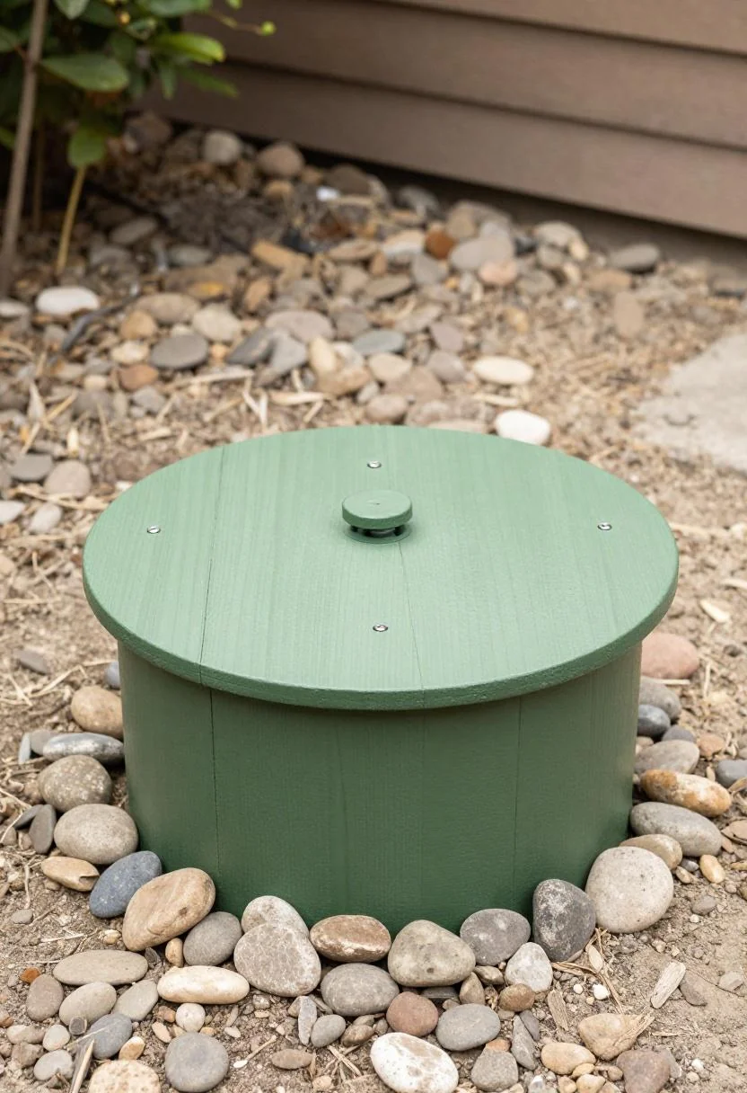 Wasabi-painted cedar disc and river stone border disguising a septic riser in a backyard lawn