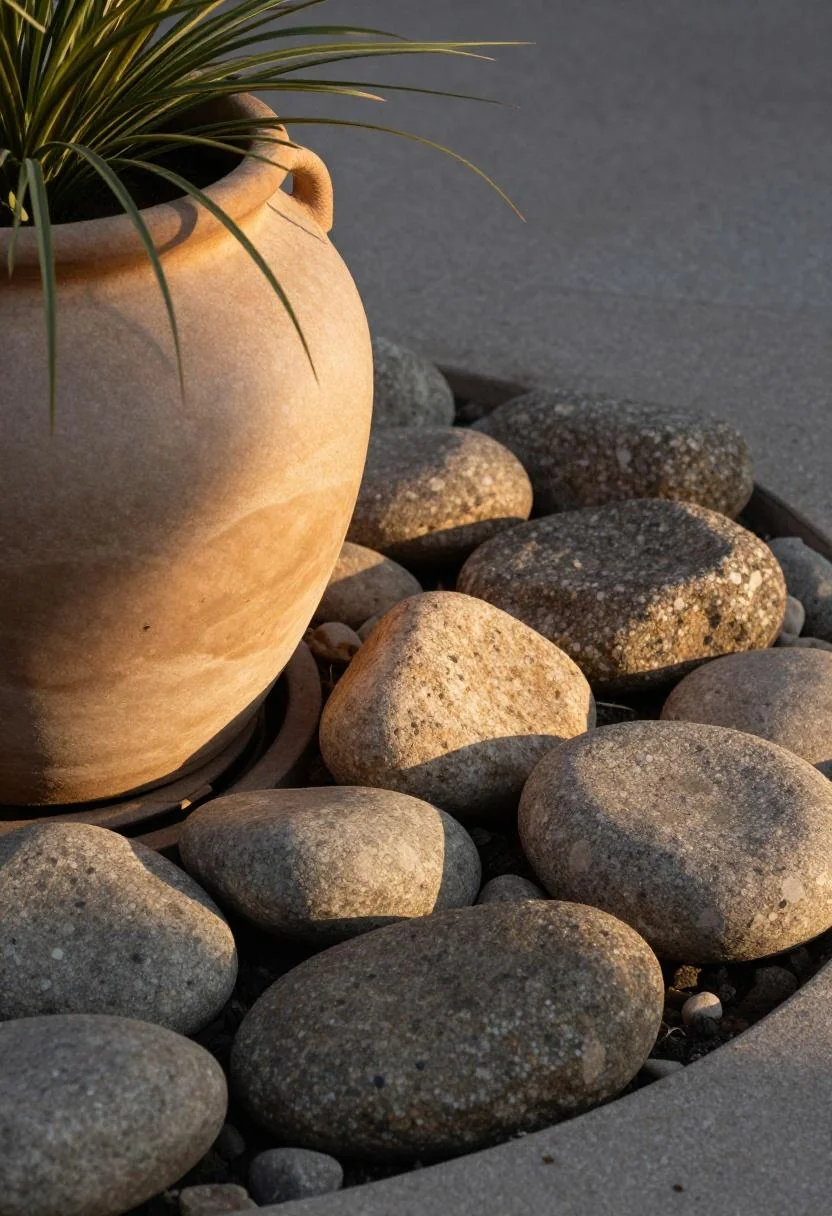 Basalt cobblestones and a persimmon stoneware pot blending a septic lid into a fire pit patio edge