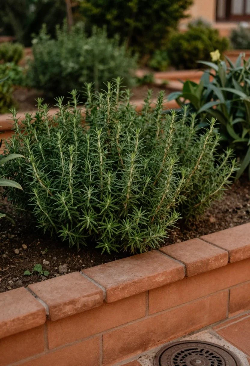 Raised terracotta brick border with cascading rosemary framing and concealing a septic lid