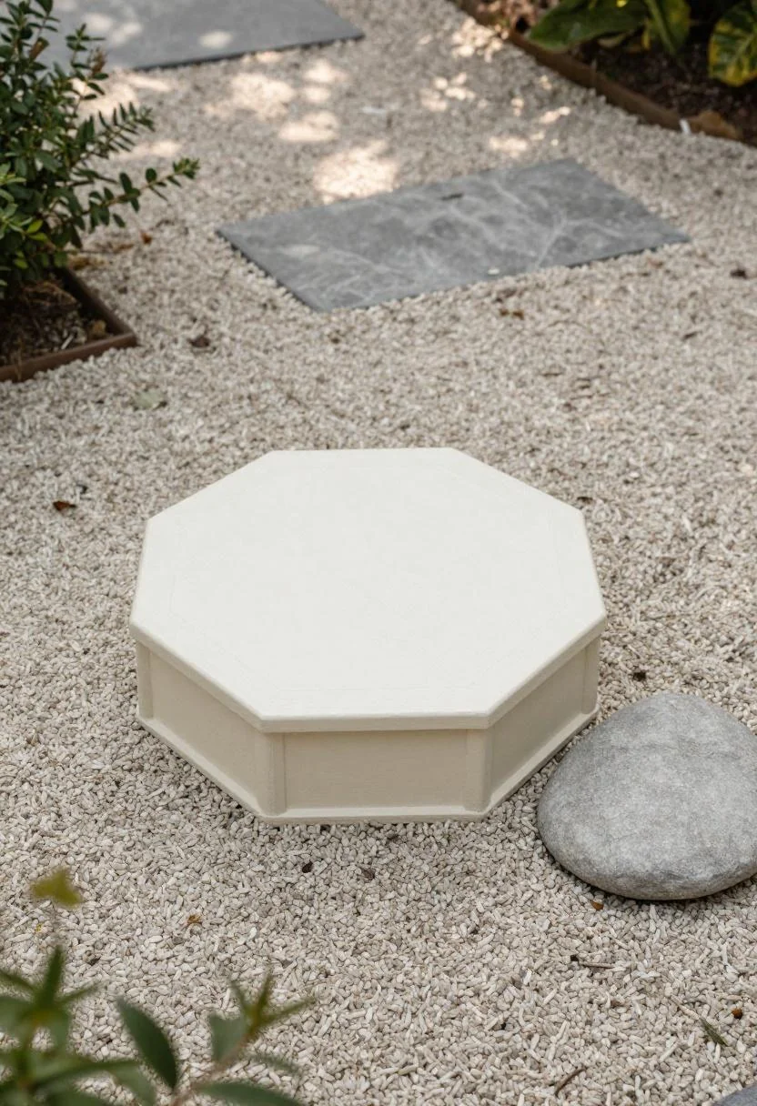 Cream octagonal wooden cover and fieldstone marker making a septic lid disappear into a gravel garden path
