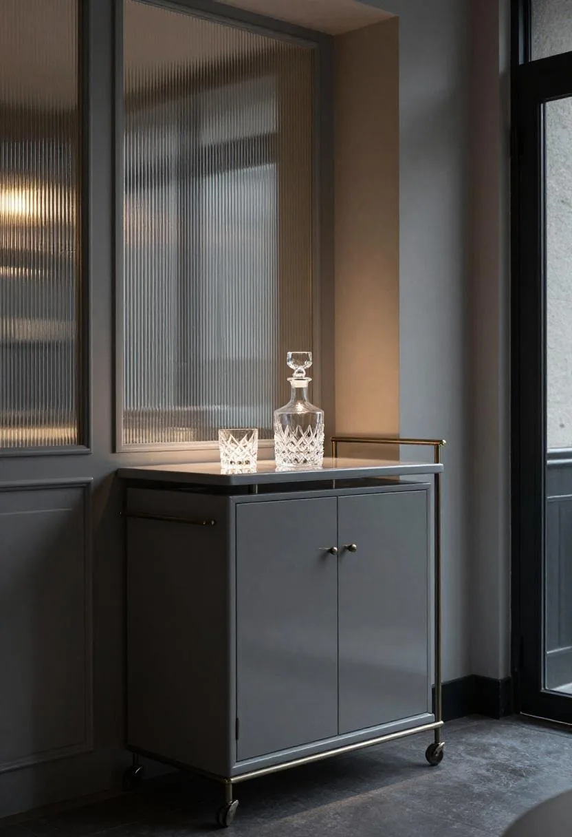 Neo Deco bar cart in charcoal lacquer with crystal decanter and fluted glass panel