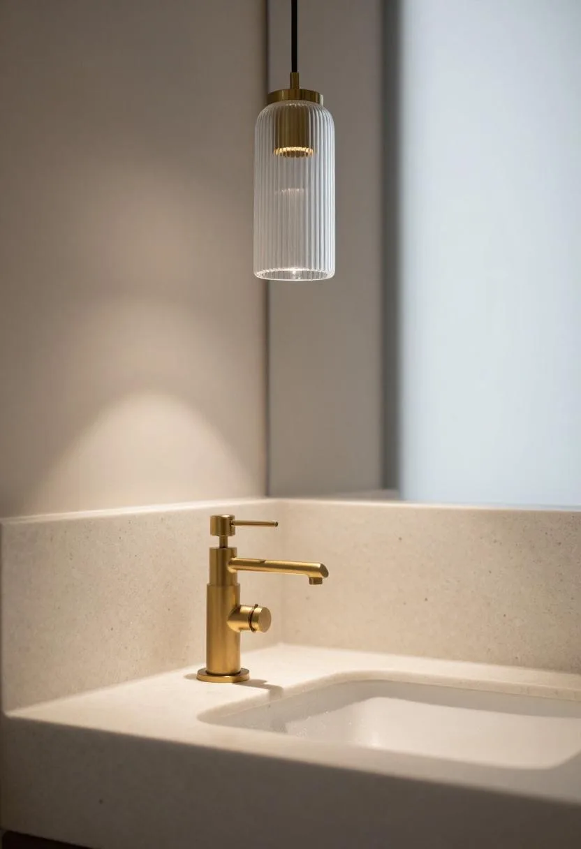 Neo Deco bathroom vanity with cream travertine counter and fluted glass pendant