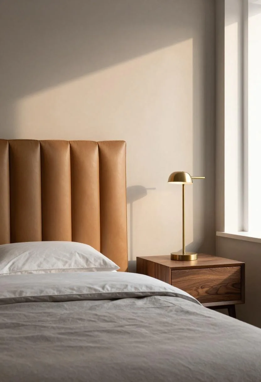 Neo Deco bedroom with camel leather headboard and walnut nightstand