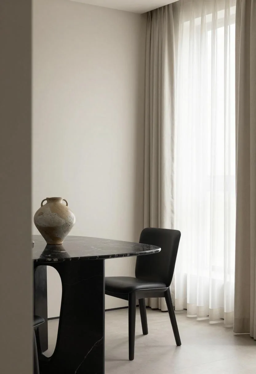 Neo Deco dining nook with charcoal lacquered chair and black marble table