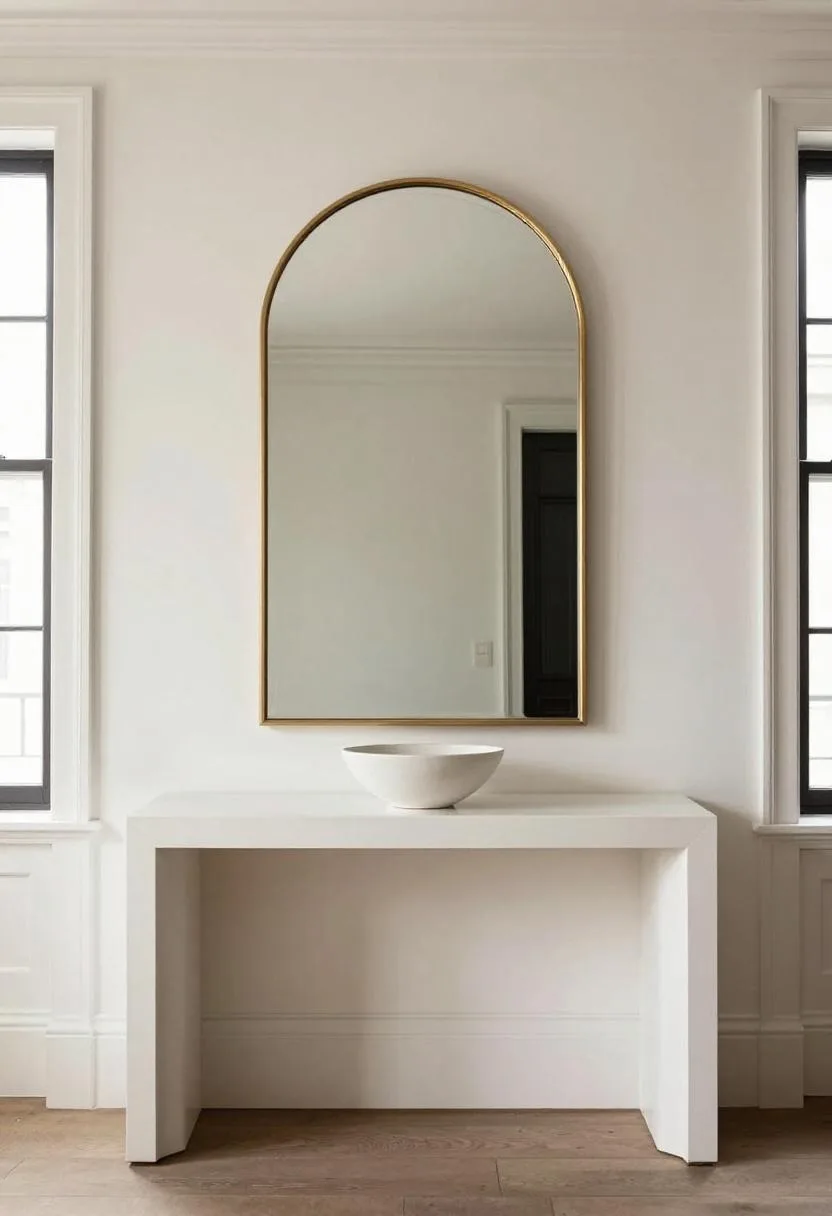 Neo Deco entryway with white lacquered console table and arched brass mirror