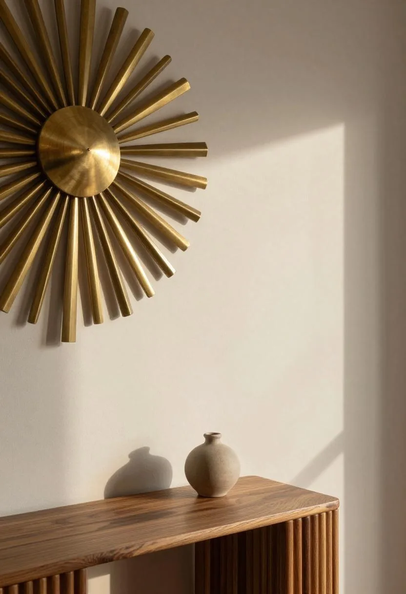 Neo Deco hallway with brass sunburst sconce and fluted walnut console