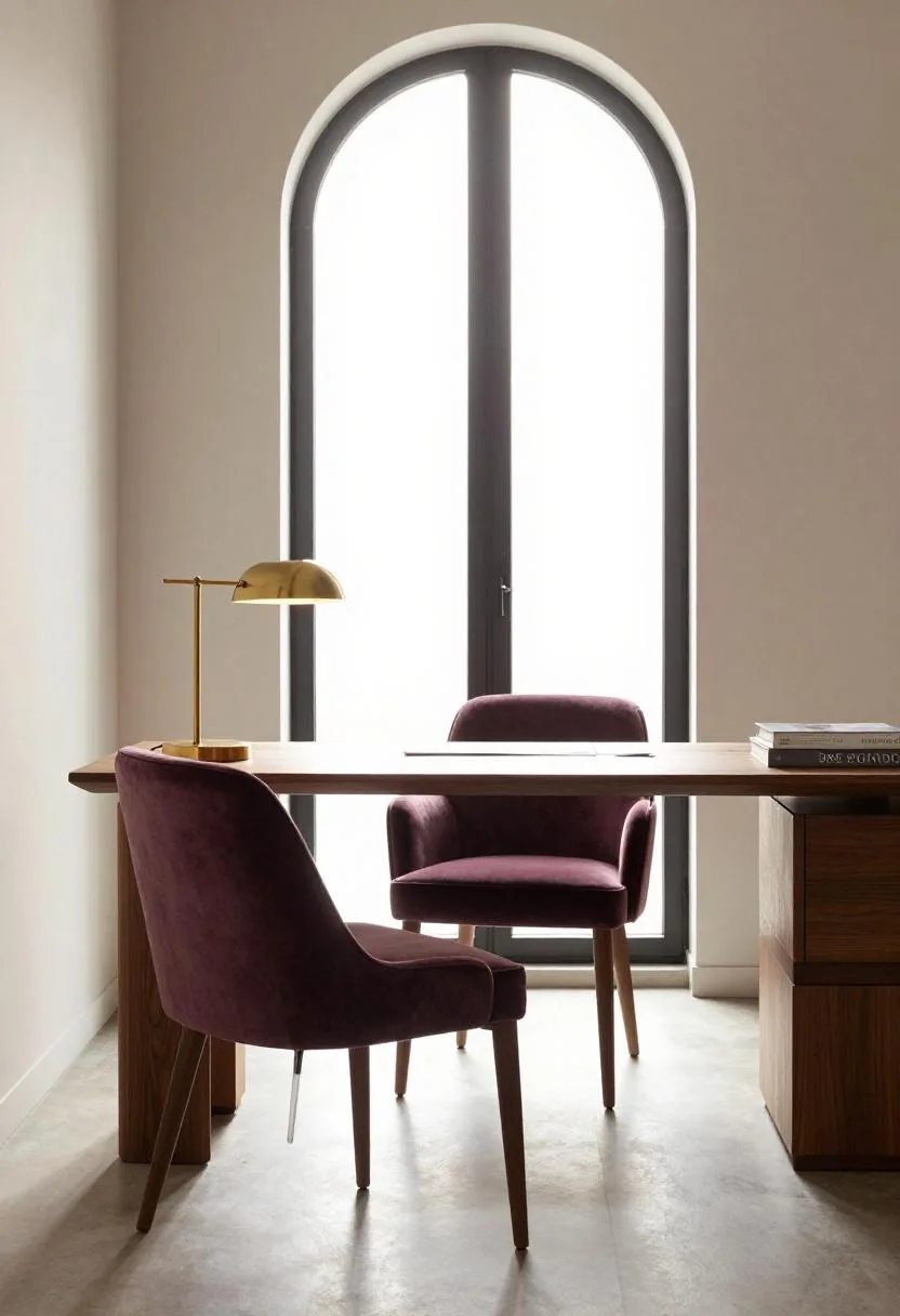 Neo Deco home office with plum velvet armchair and walnut writing desk