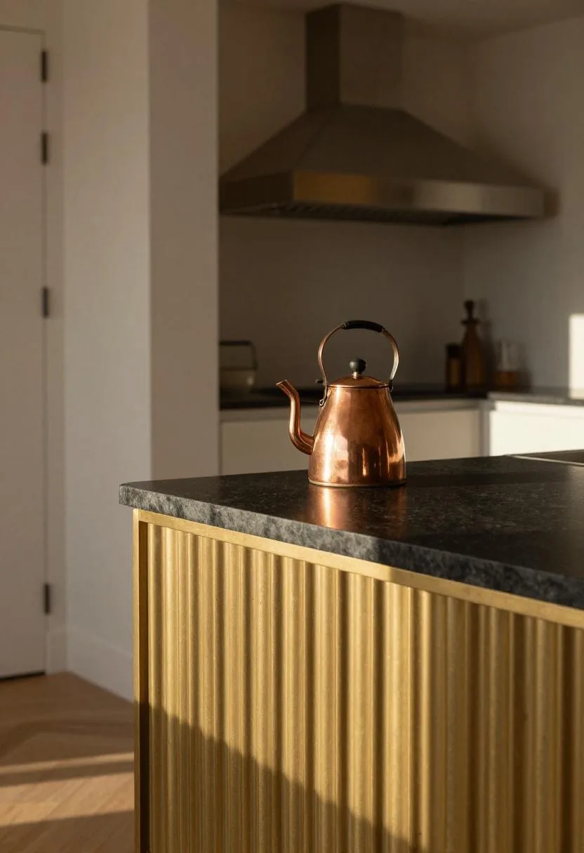 Neo Deco kitchen with brass-fluted range hood and black granite counter