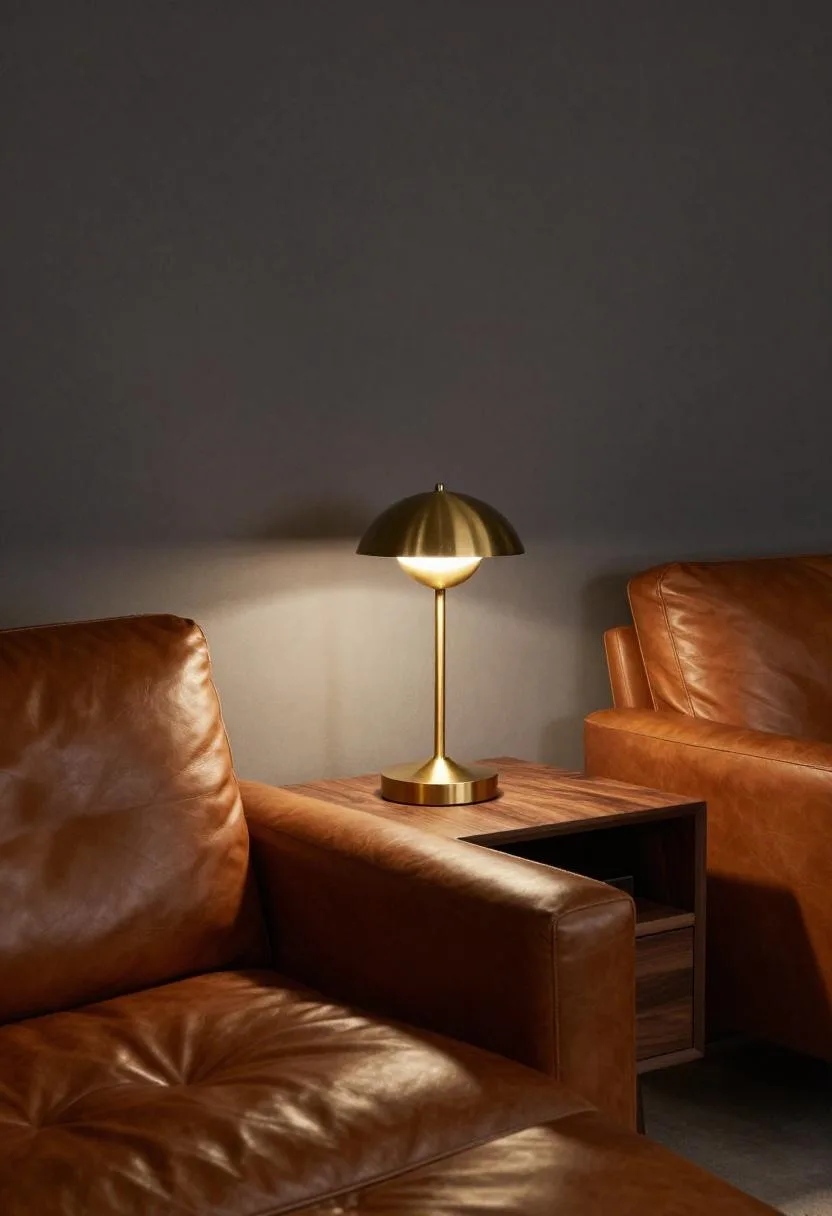 Neo Deco media room with cognac leather sofa and walnut media console