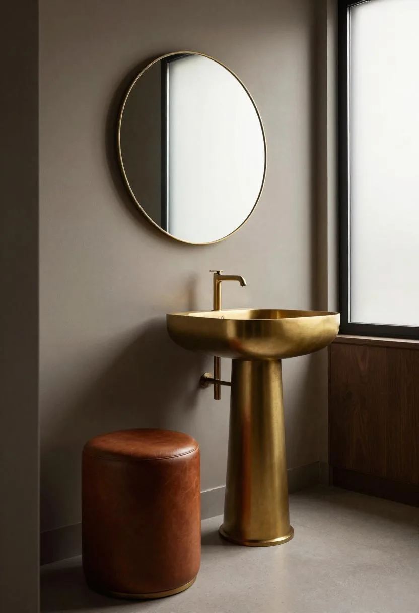 Neo Deco powder room with chestnut leather stool and brass pedestal sink