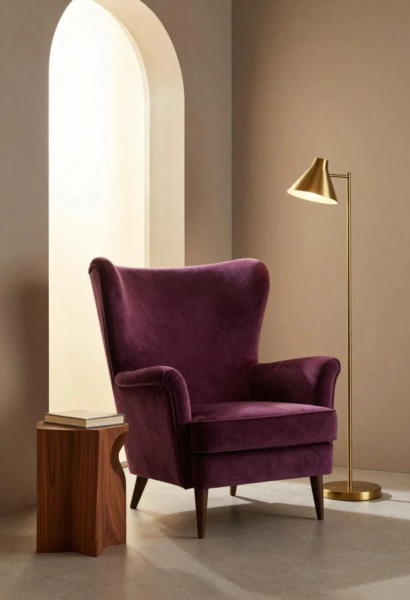 Neo Deco reading nook with amethyst velvet wingback chair and brass floor lamp