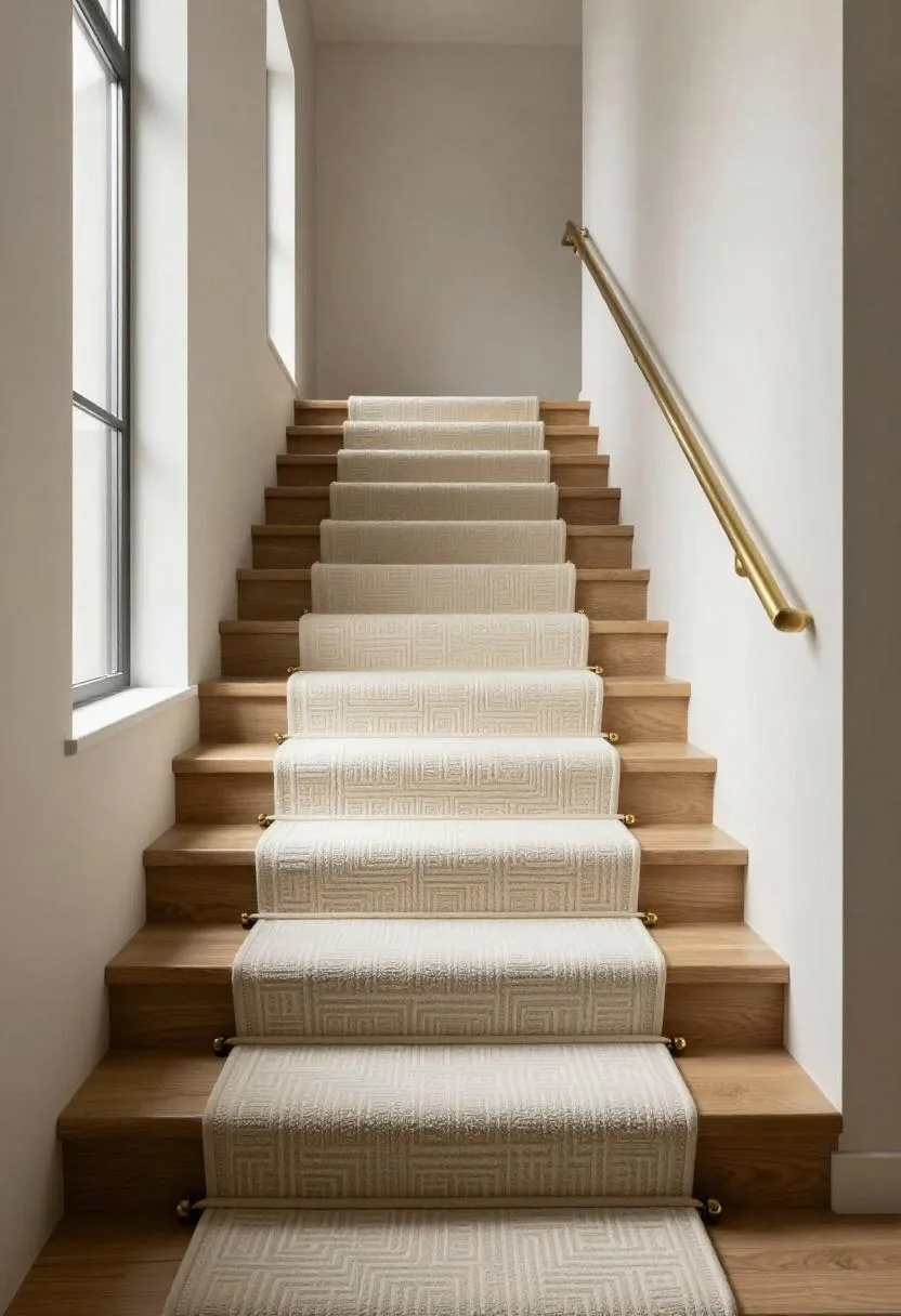 Neo Deco staircase with cream geometric runner rug and brass stair rods
