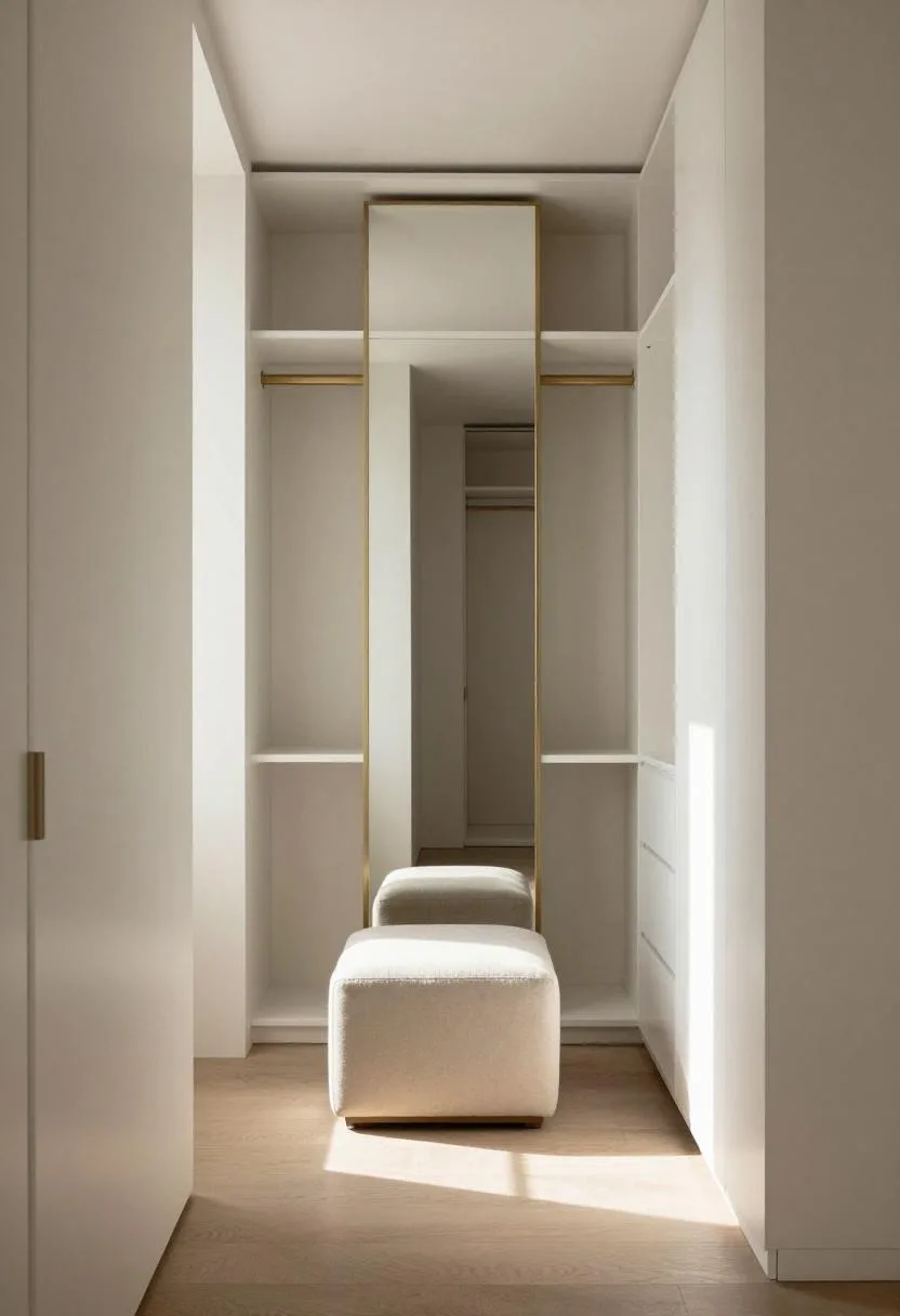 Neo Deco walk-in closet with white lacquered cabinetry and brass-edged mirror