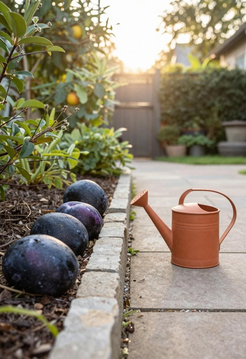 Plum noir painted rocks lining a cottage garden path beside a terracotta watering can in morning light
