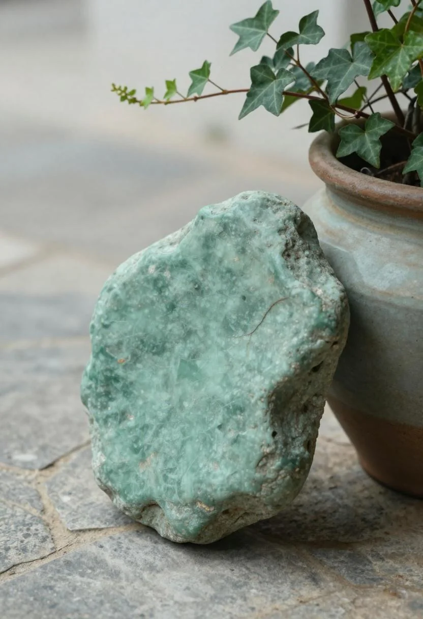 Jade green painted flat rock leaning against an ivy-filled ceramic pot on a Mediterranean stone patio