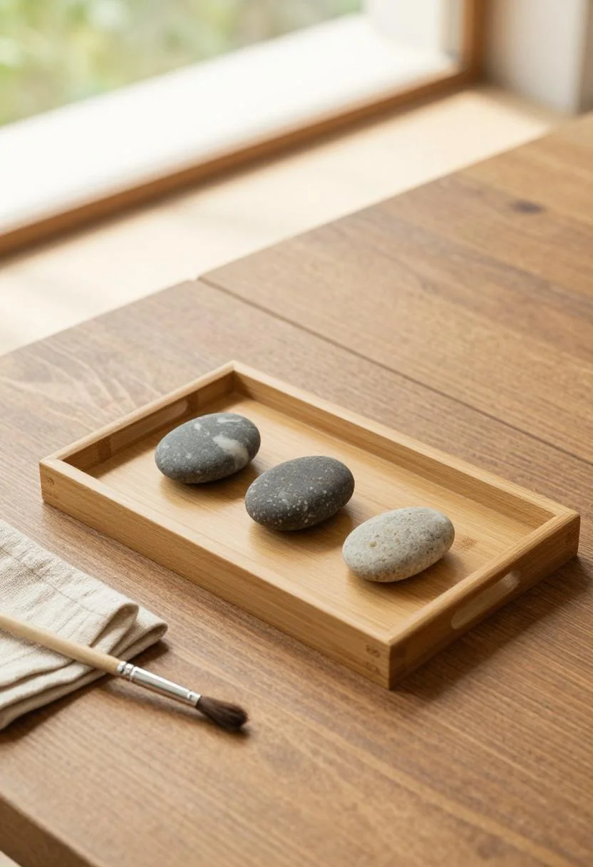 Wasabi-painted pebbles arranged mid-craft on a bamboo tray atop a shaded teak deck
