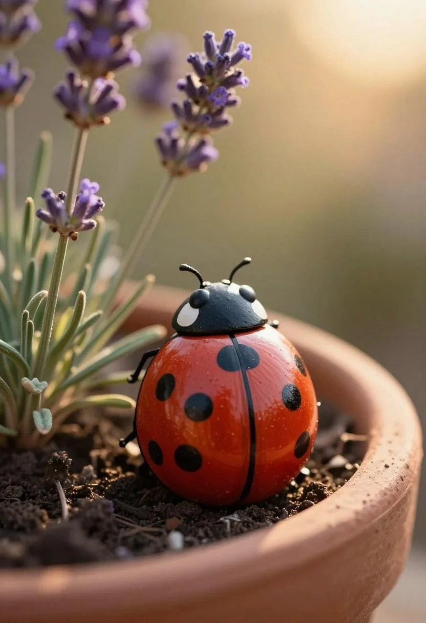 Persimmon painted ladybug rock nestled at the base of a lavender plant in warm golden backlight