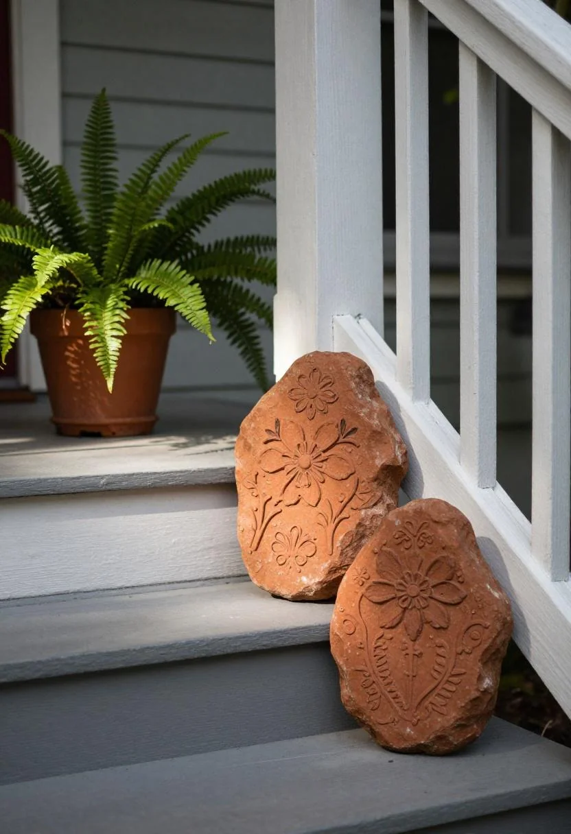 Warm terracotta painted floral rocks tucked against a porch railing post beside a potted fern