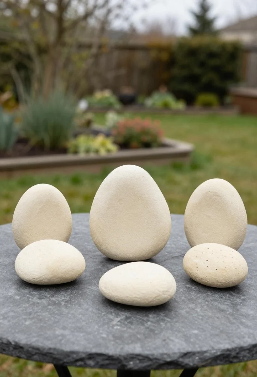Cream white dot-painted rocks drying on a slate garden table with a blurred raised bed behind