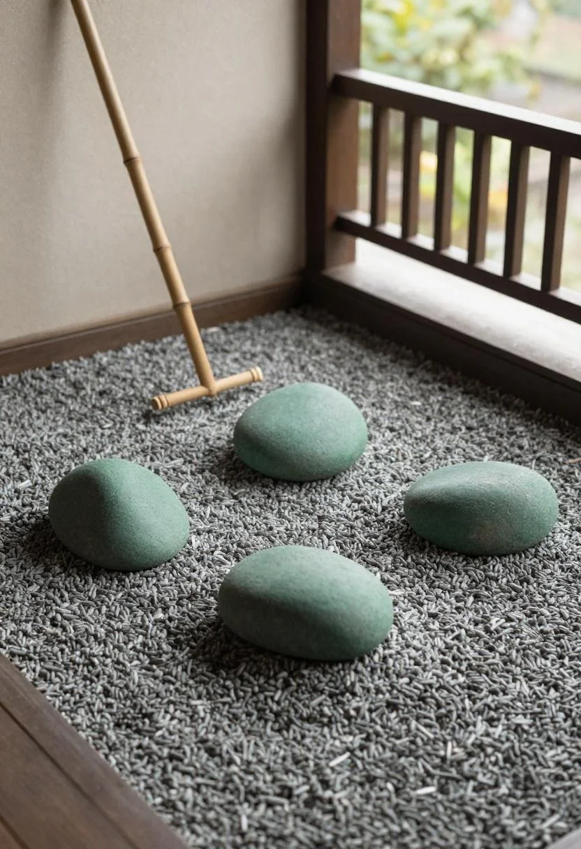 Sage green painted stones in a triangle formation within a balcony zen gravel patch at morning light