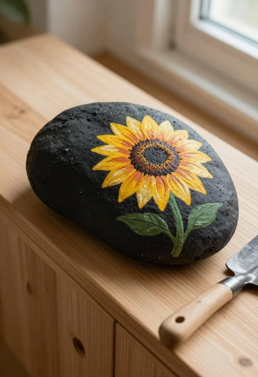 Plum noir sunflower-motif painted rock on the corner of a cedar raised bed beside a resting trowel
