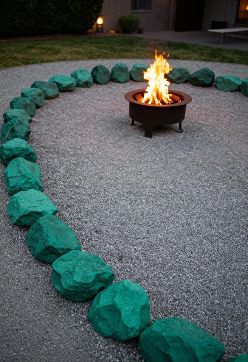Jade green painted rocks marking a fire pit gravel border at dusk with the cast-iron pit glowing behind
