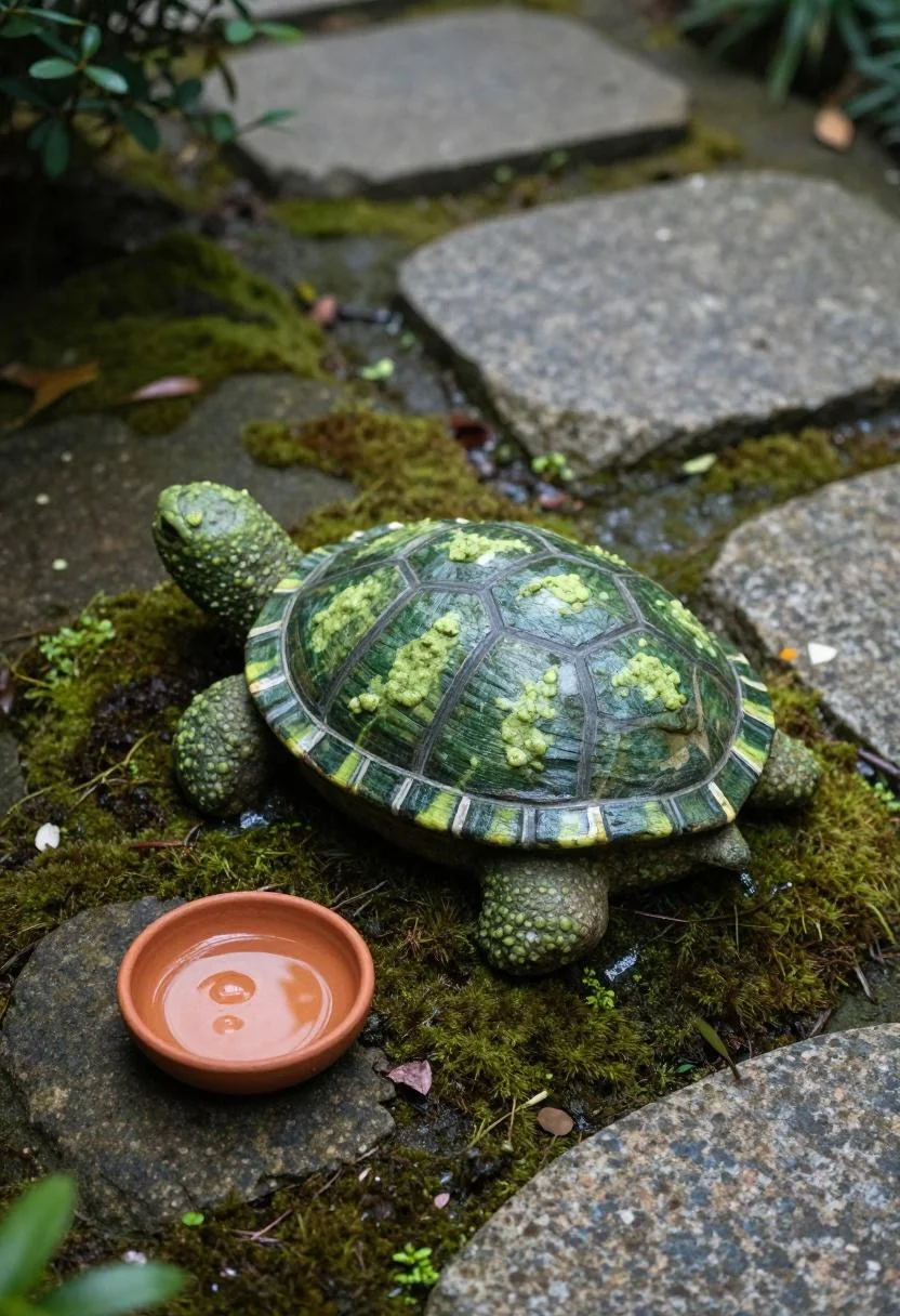 Wasabi turtle-shaped painted rock on a mossy granite stepping stone beside a small terracotta water dish