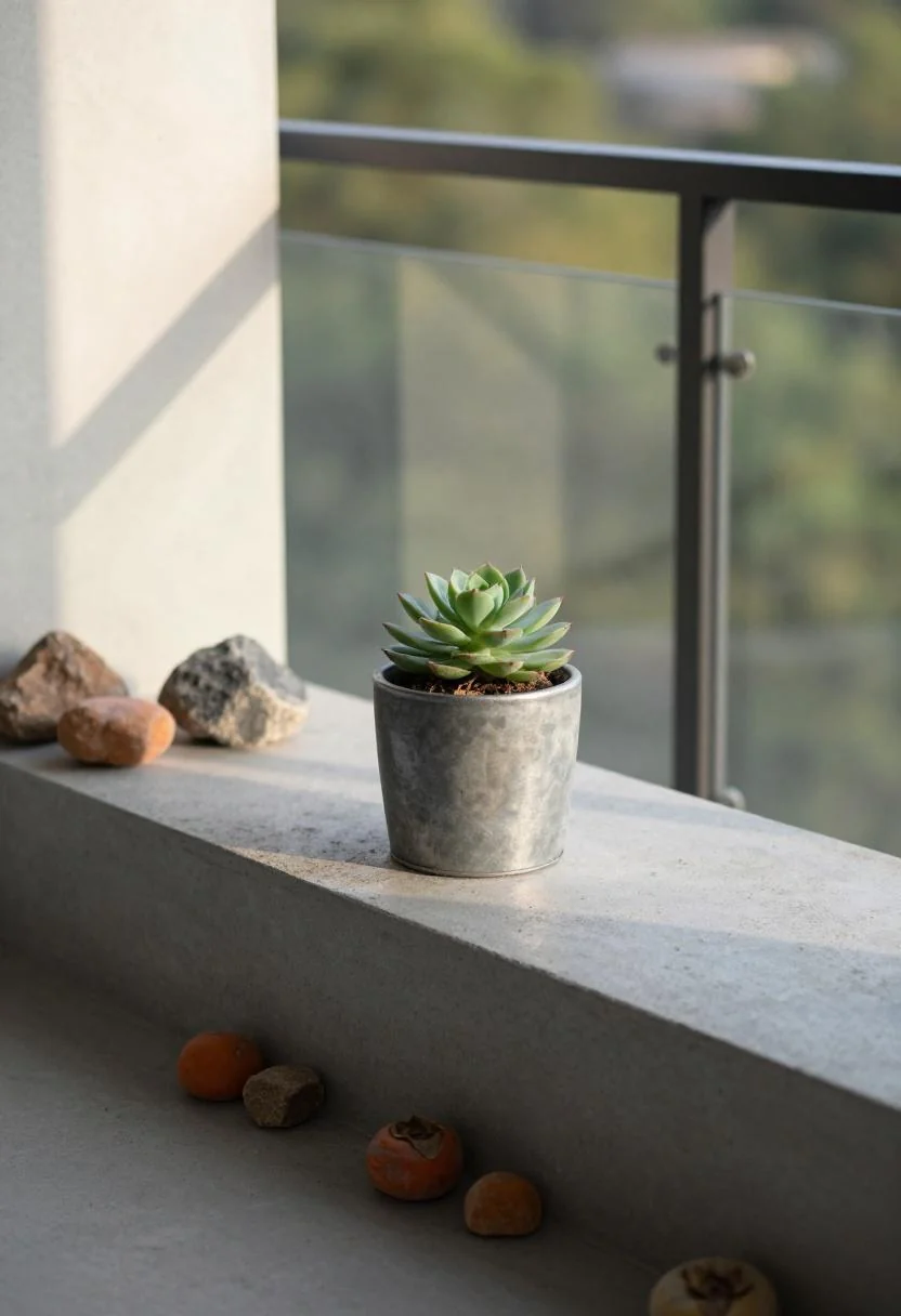 Persimmon painted rocks lining the base of a zinc balcony planter beside a centered succulent in morning sun