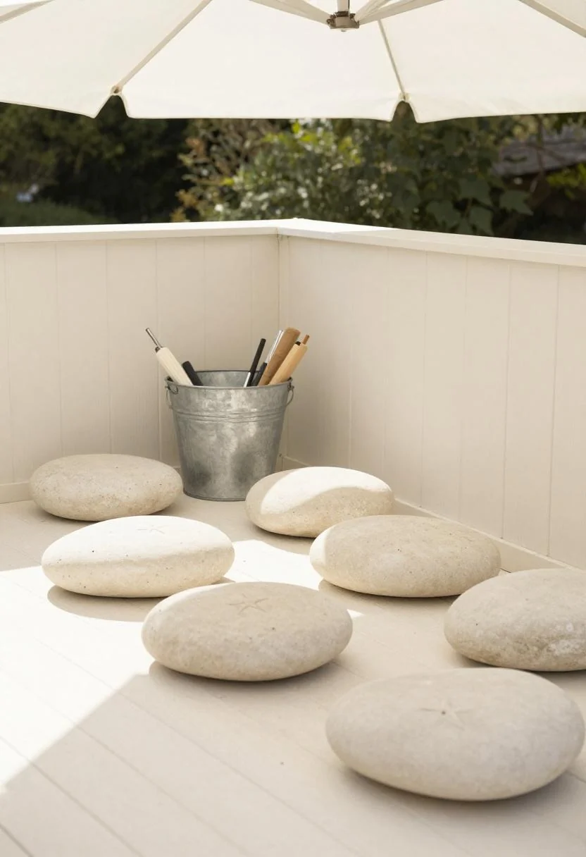 Cream white star-painted rocks clustered on a cedar deck corner beside a galvanized bucket of craft supplies