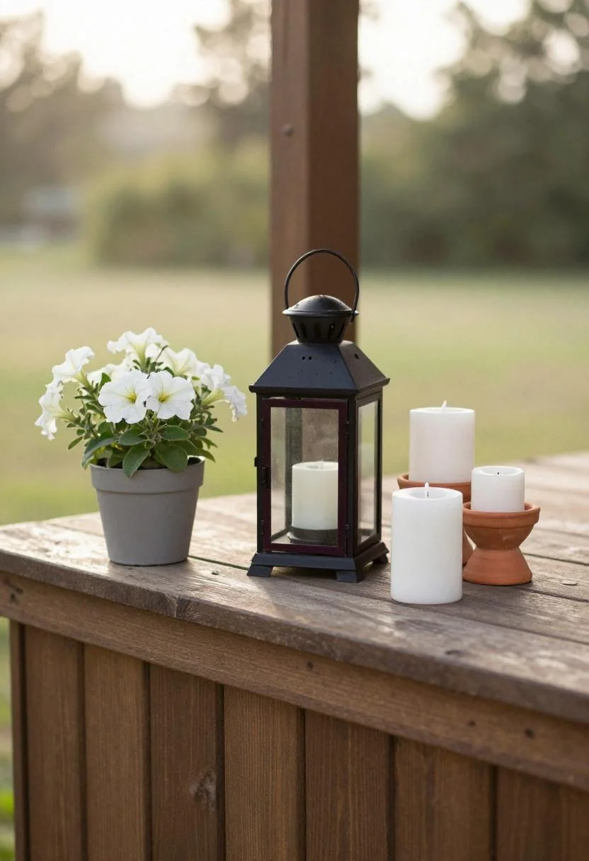 Plum lacquered lantern and white petunias accenting a patriotic morning deck corner